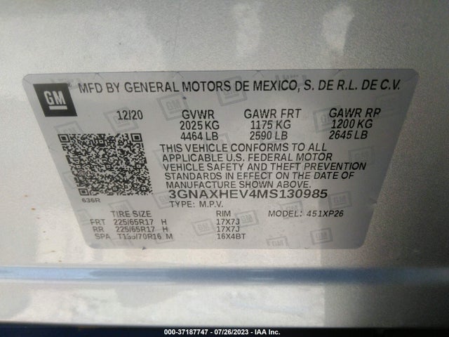 2021 CHEVROLET EQUINOX LS VIN: 3GNAXHEV4MS130985