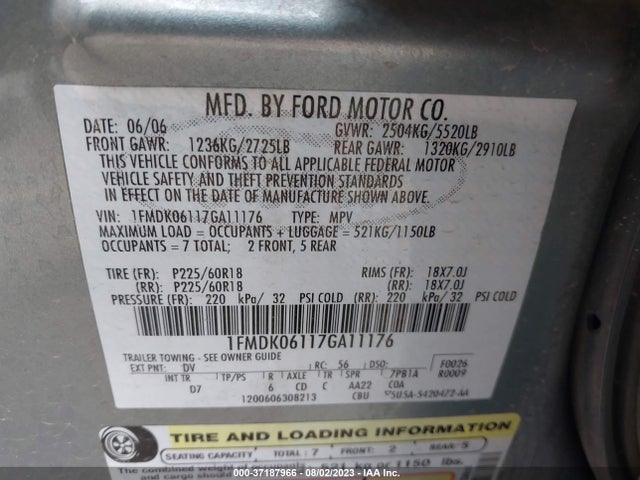 2007 FORD FREESTYLE LIMITED VIN: 1FMDK06117GA11176