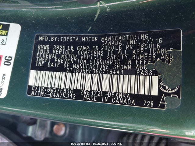 2016 TOYOTA COROLLA L/LE/S/S PLUS/LE PLUS VIN: 2T1BURHE0GC718441