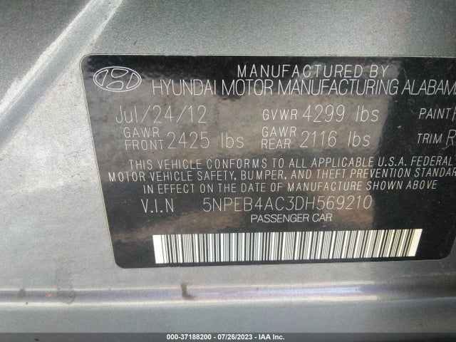 2013 HYUNDAI SONATA GLS VIN: 5NPEB4AC3DH569210