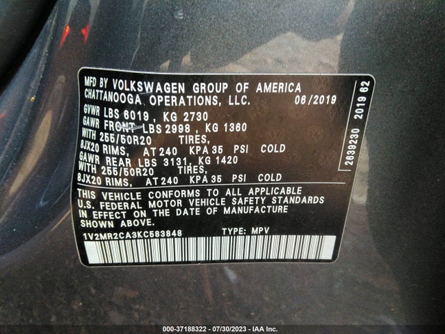 1V2MR2CA3KC583848 Volkswagen Atlas 3.6l V6 Sel