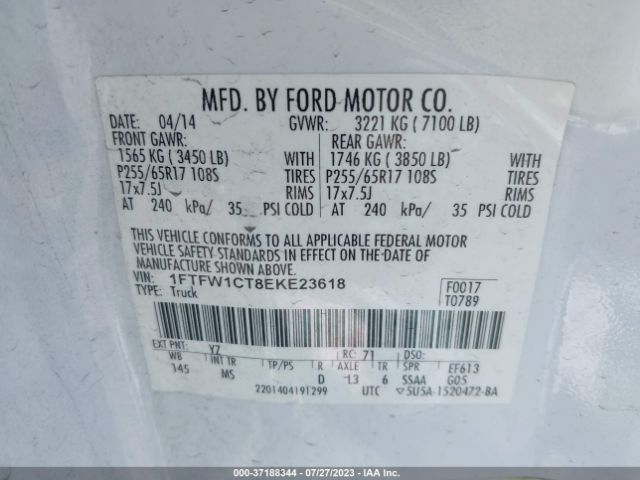 1FTFW1CT8EKE23618 Ford F-150 Xlt