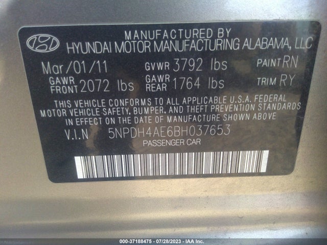 2011 HYUNDAI ELANTRA LTD PZEV VIN: 5NPDH4AE6BH037653