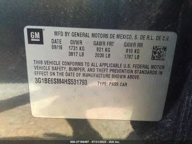 2017 CHEVROLET CRUZE LT VIN: 3G1BE6SM4HS531793