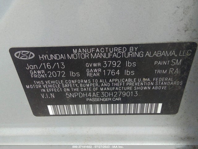 2013 HYUNDAI ELANTRA LIMITED VIN: 5NPDH4AE3DH279013
