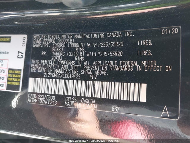2020 LEXUS RX RX 450H F SPORT VIN: 2T2YGMDA7LC049422