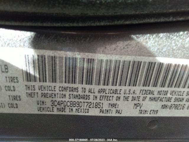 2013 DODGE JOURNEY SXT VIN: 3C4PDCBB9DT721851