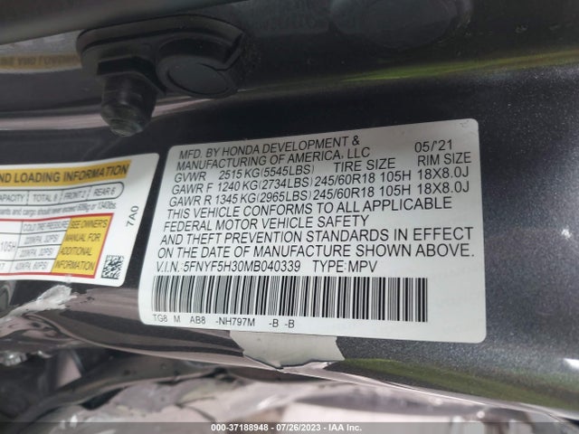 Honda Pilot Ex 2021 5FNYF5H30MB040339 Image 9