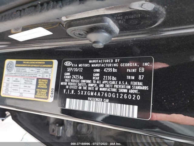 37188996 :رقم المزاد ، 5XXGM4A76DG126020 vin ، 2013 Kia Optima Lx مزاد بيع