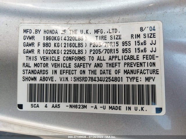 2004 HONDA CR-V LX VIN: SHSRD78434U254801