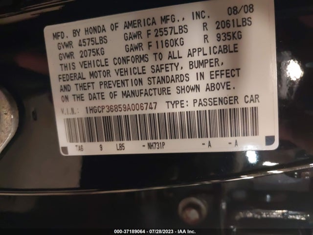 2009 HONDA ACCORD SDN EX-L VIN: 1HGCP36859A006747
