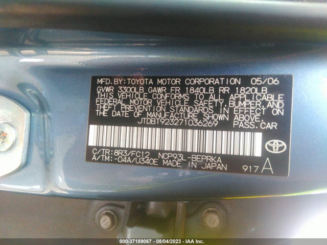 37189067 :رقم المزاد ، JTDBT923271036269 vin ، 2007 Toyota Yaris Base/s مزاد بيع