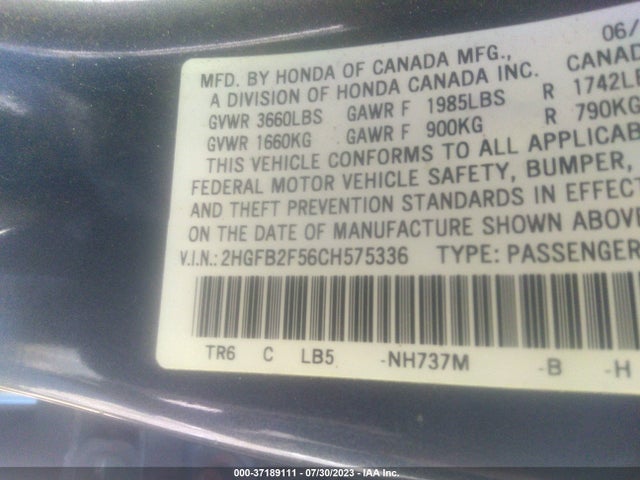 2012 HONDA CIVIC SDN LX VIN: 2HGFB2F56CH575336