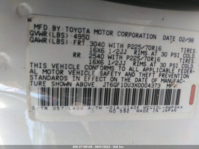 1999 LEXUS RX 300 LUXURY SUV JT6GF10U3X0004373 Photo 8