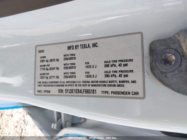 Tesla Model 3 Long Range 2020 5YJ3E1EB4LF665181 Image 9