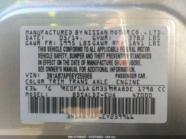 3N1AB7AP6EY259966 Nissan Sentra S/fe+ S/sv/fe+ Sv/sr/sl