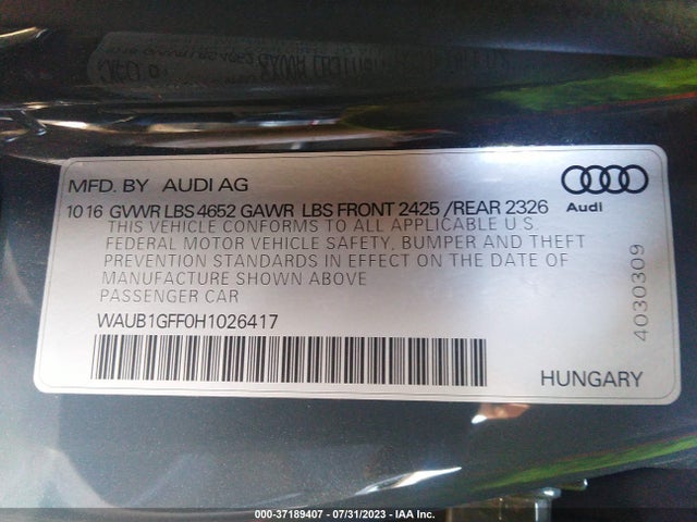 WAUB1GFF0H1026417 Audi S3 Premium Plus