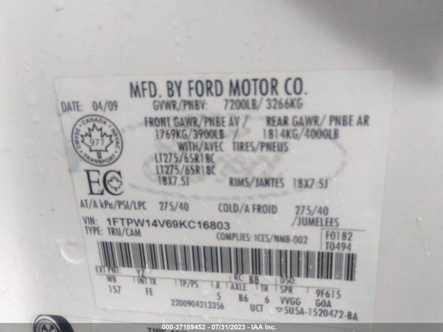 2009 FORD F-150 XL/XLT/FX4/LARIAT VIN: 1FTPW14V69KC16803