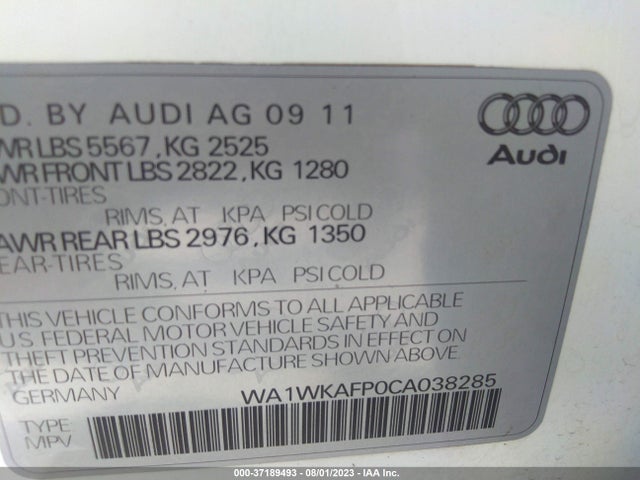 2012 AUDI Q5 3.2L PRESTIGE VIN: WA1WKAFP0CA038285