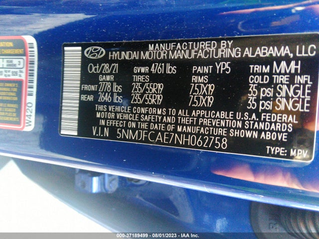 2022 HYUNDAI TUCSON SEL VIN: 5NMJFCAE7NH062758