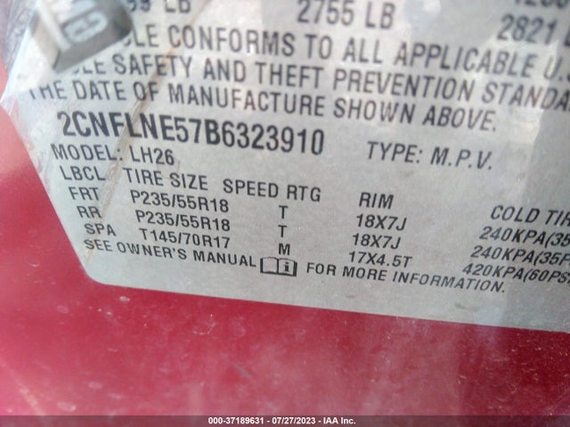 2011 CHEVROLET EQUINOX LT W/2LT VIN: 2CNFLNE57B6323910