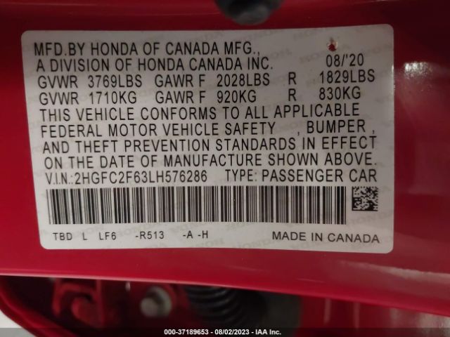 2HGFC2F63LH576286 Honda Civic Sedan Lx