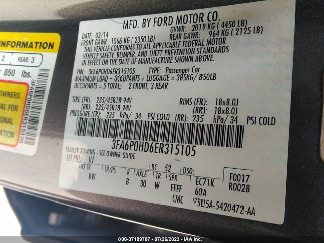 Ford FUSION SE 2014 3FA6P0HD6ER315105 Image 9