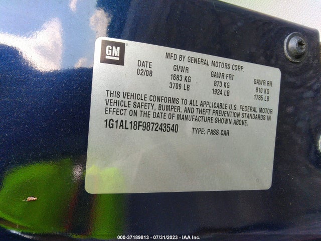 2008 CHEVROLET COBALT LT VIN: 1G1AL18F987243540