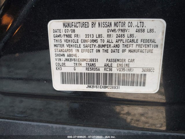 2008 INFINITI G35 SEDAN JOURNEY VIN: JNKBV61EX8M226931