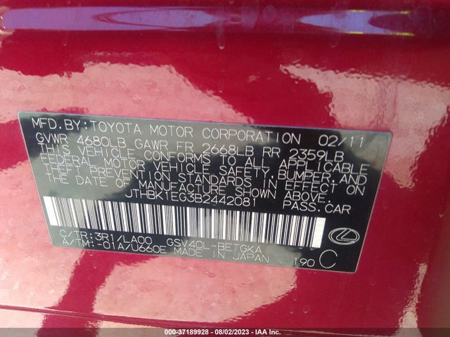 2011 LEXUS ES 350 VIN: JTHBK1EG3B2442081