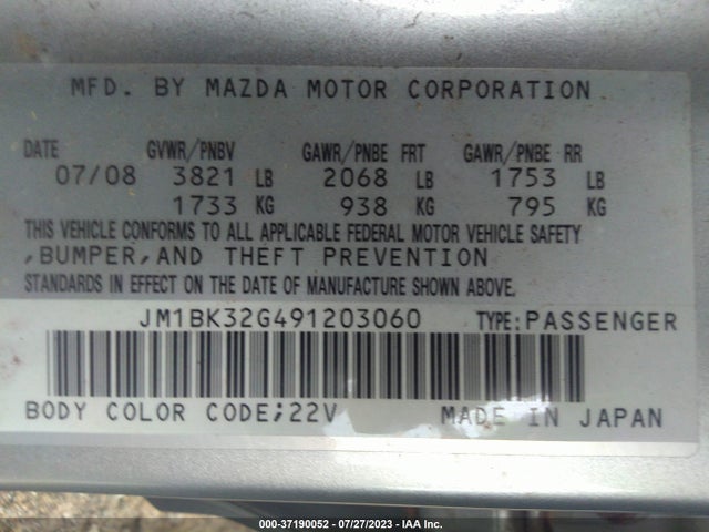 2009 MAZDA MAZDA3 I TOURING VALUE VIN: JM1BK32G491203060