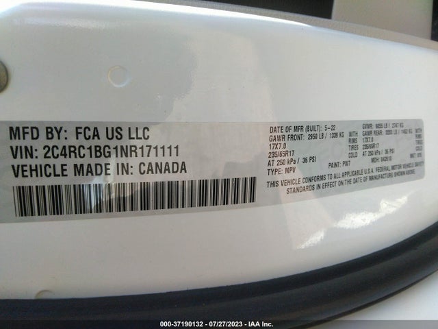 2C4RC1BG1NR171111 Chrysler Pacifica Touring L