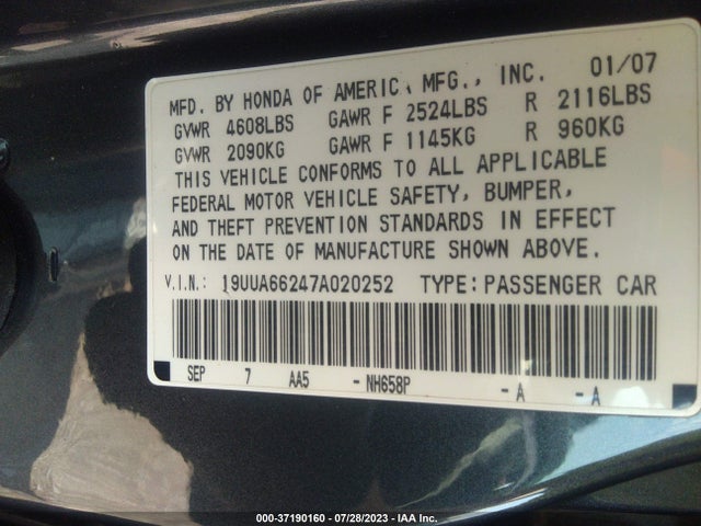 2007 ACURA TL VIN: 19UUA66247A020252