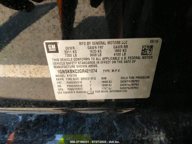 Chevrolet Tahoe Lt 2016 1GNSKBKC2GR421074 Image 9