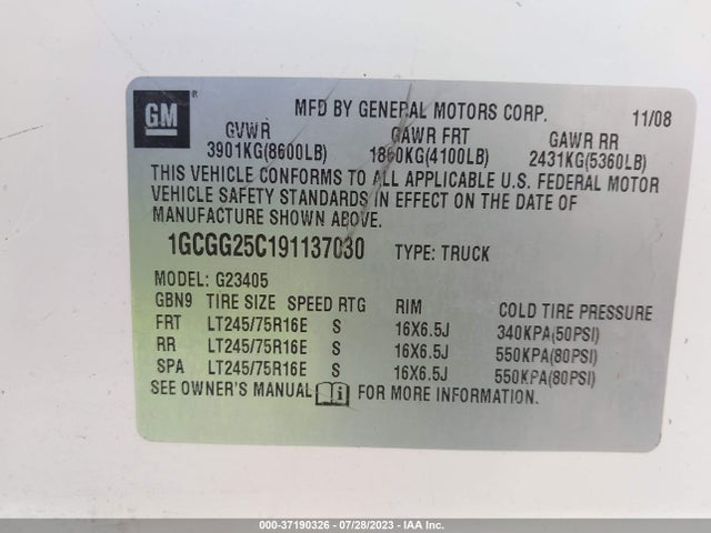 2009 CHEVROLET EXPRESS CARGO VAN VIN: 1GCGG25C191137030