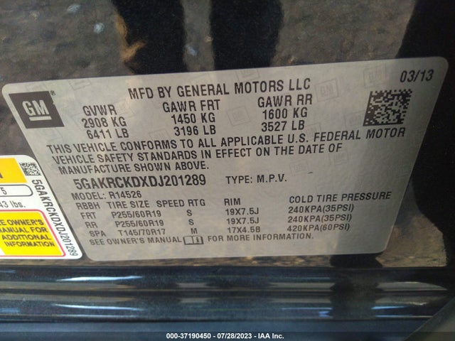 2013 BUICK ENCLAVE LEATHER VIN: 5GAKRCKDXDJ201289