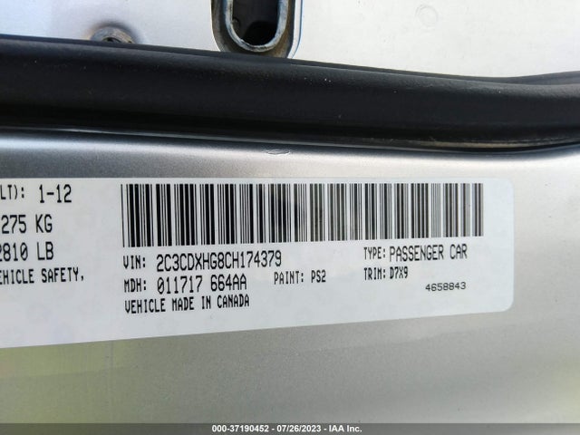 2012 DODGE CHARGER SXT VIN: 2C3CDXHG8CH174379