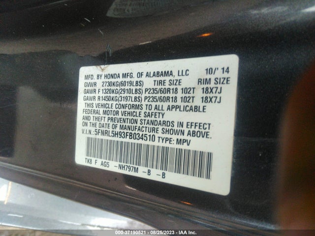 Honda Odyssey Touring 2015 5FNRL5H93FB034510 Image 9
