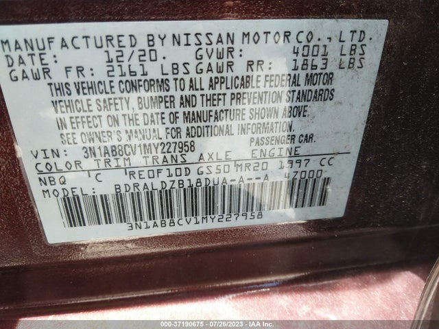 2021 NISSAN SENTRA SV VIN: 3N1AB8CV1MY227958