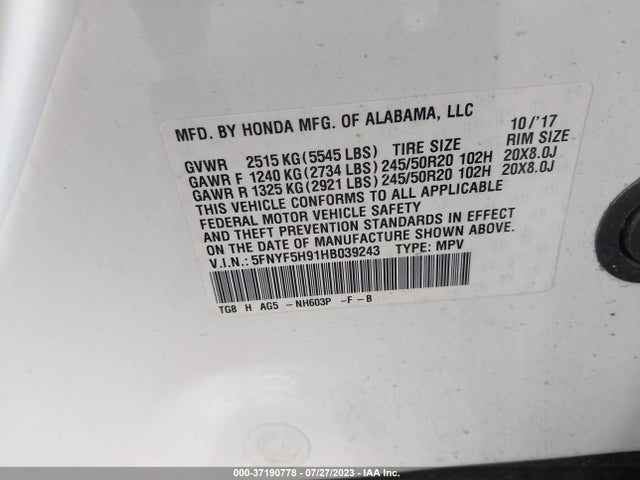 Honda Pilot Touring 2017 5FNYF5H91HB039243 Image 9