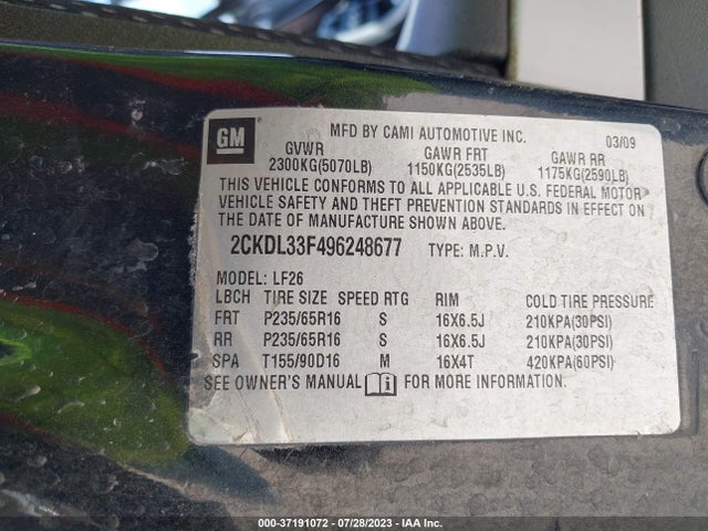2009 PONTIAC TORRENT VIN: 2CKDL33F496248677