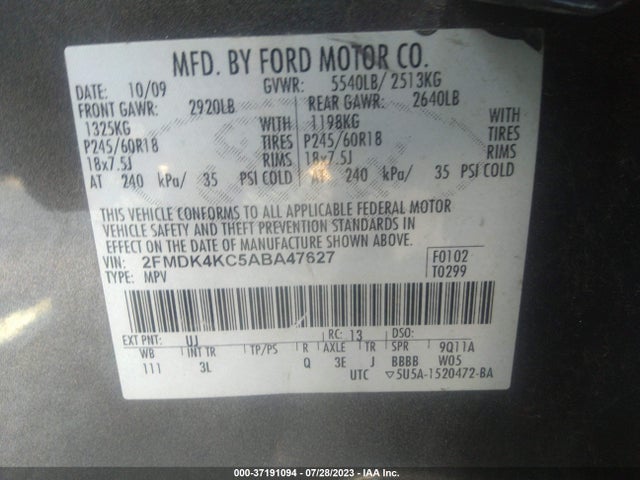 2010 FORD EDGE LIMITED VIN: 2FMDK4KC5ABA47627