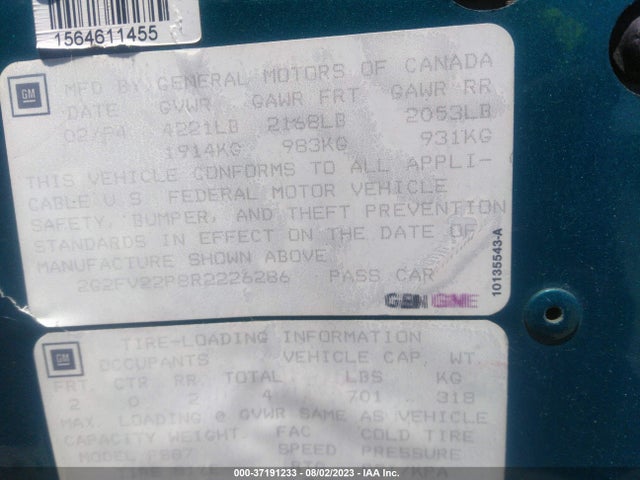 1994 PONTIAC FIREBIRD FORMULA/TRANS AM/GT VIN: 2G2FV22P8R2226286
