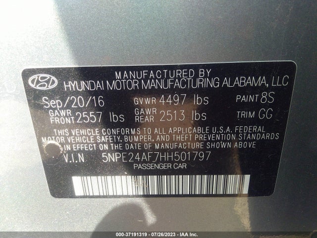 2017 HYUNDAI SONATA SE VIN: 5NPE24AF7HH501797