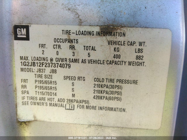 2003 PONTIAC SUNFIRE VIN: 1G2JB12F237374079