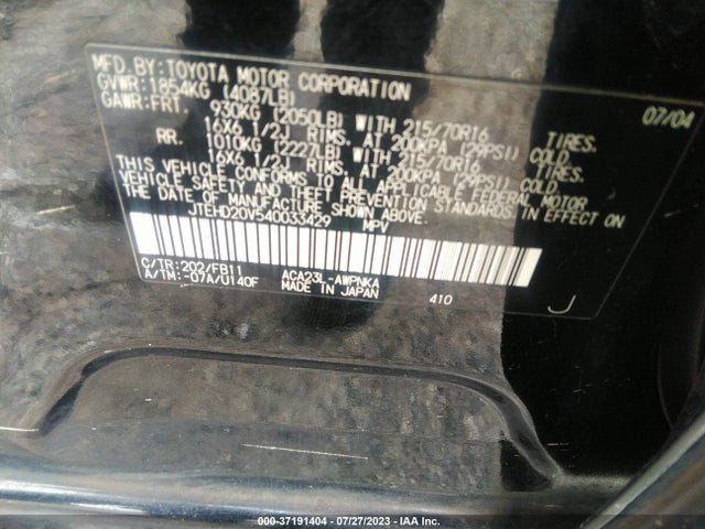 2004 TOYOTA RAV4 VIN: JTEHD20V540033429