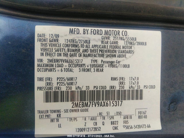 2010 MERCURY GRAND MARQUIS LS (FLEET ONLY) VIN: 2MEBM7FV9AX615317