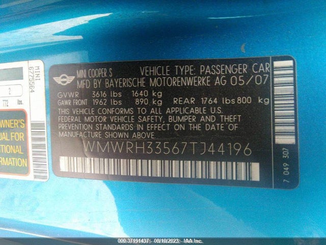 2007 MINI COOPER S WMWRH33567TJ44196 Photo 8