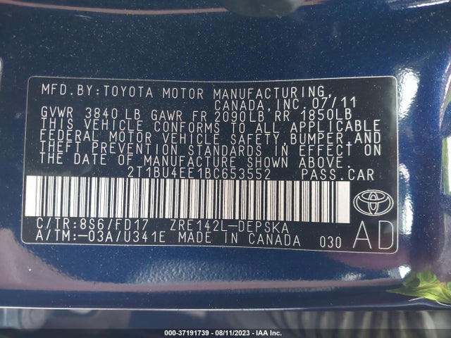 2011 TOYOTA COROLLA L/LE/S VIN: 2T1BU4EE1BC653552