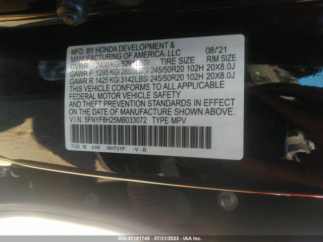 2021 HONDA PASSPORT SPORT VIN: 5FNYF8H25MB033072